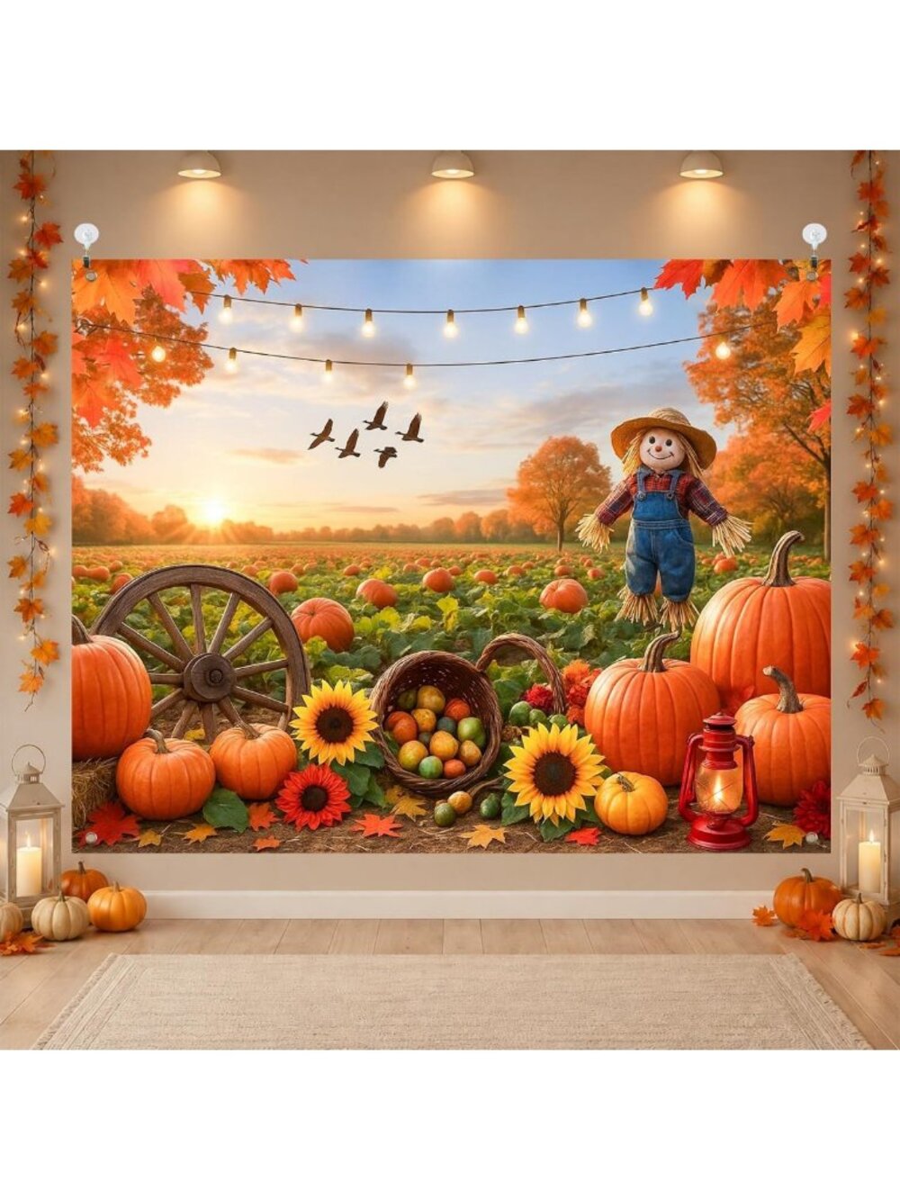 Autumn Scarecrow & Sunflower Photo Backdrop - 8x6ft Harvest Decor
